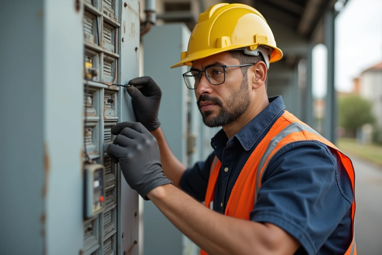 Técnico revisando un tablero eléctrico identificado