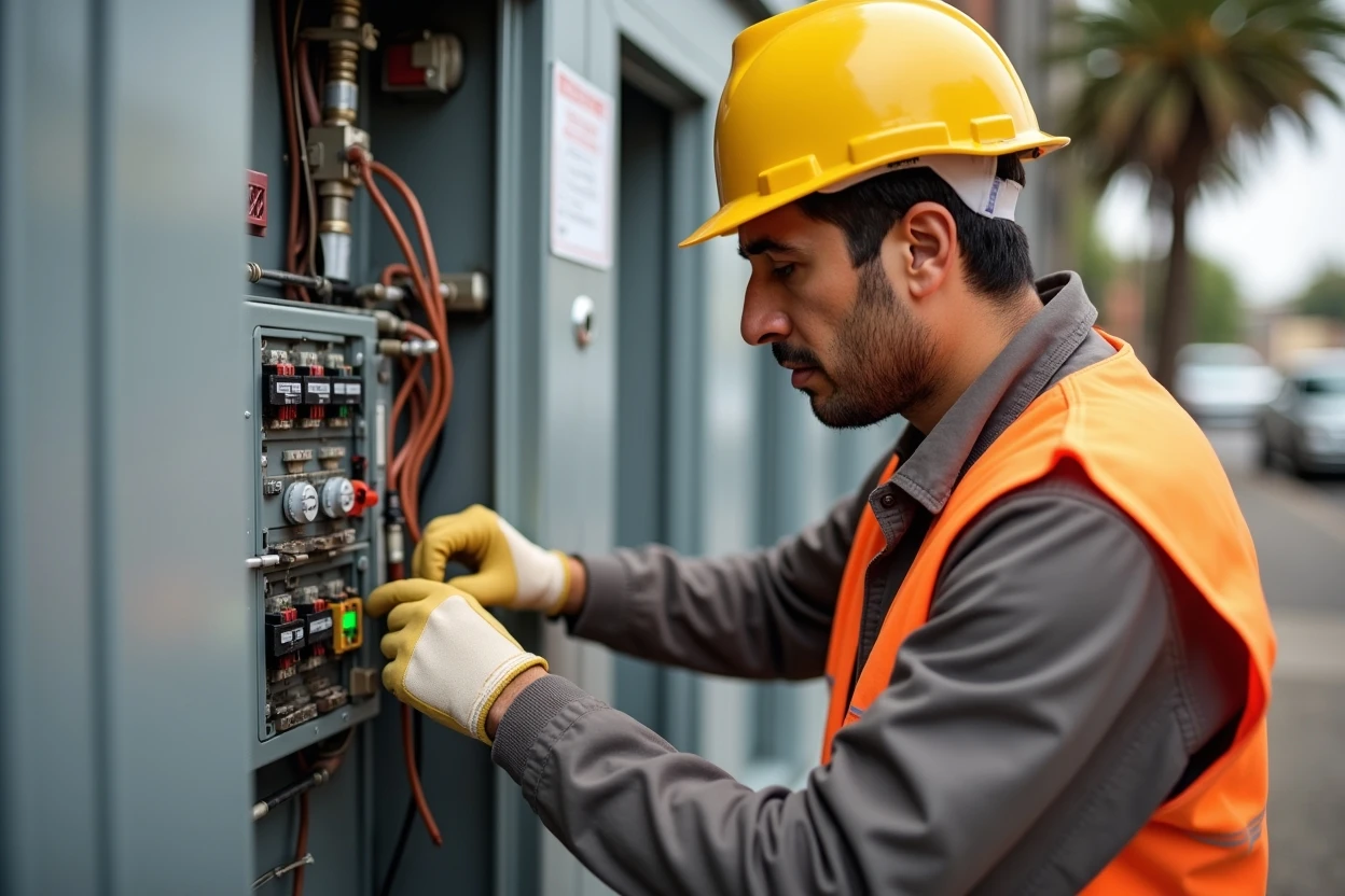Técnico tomando notas frente a un tablero eléctrico